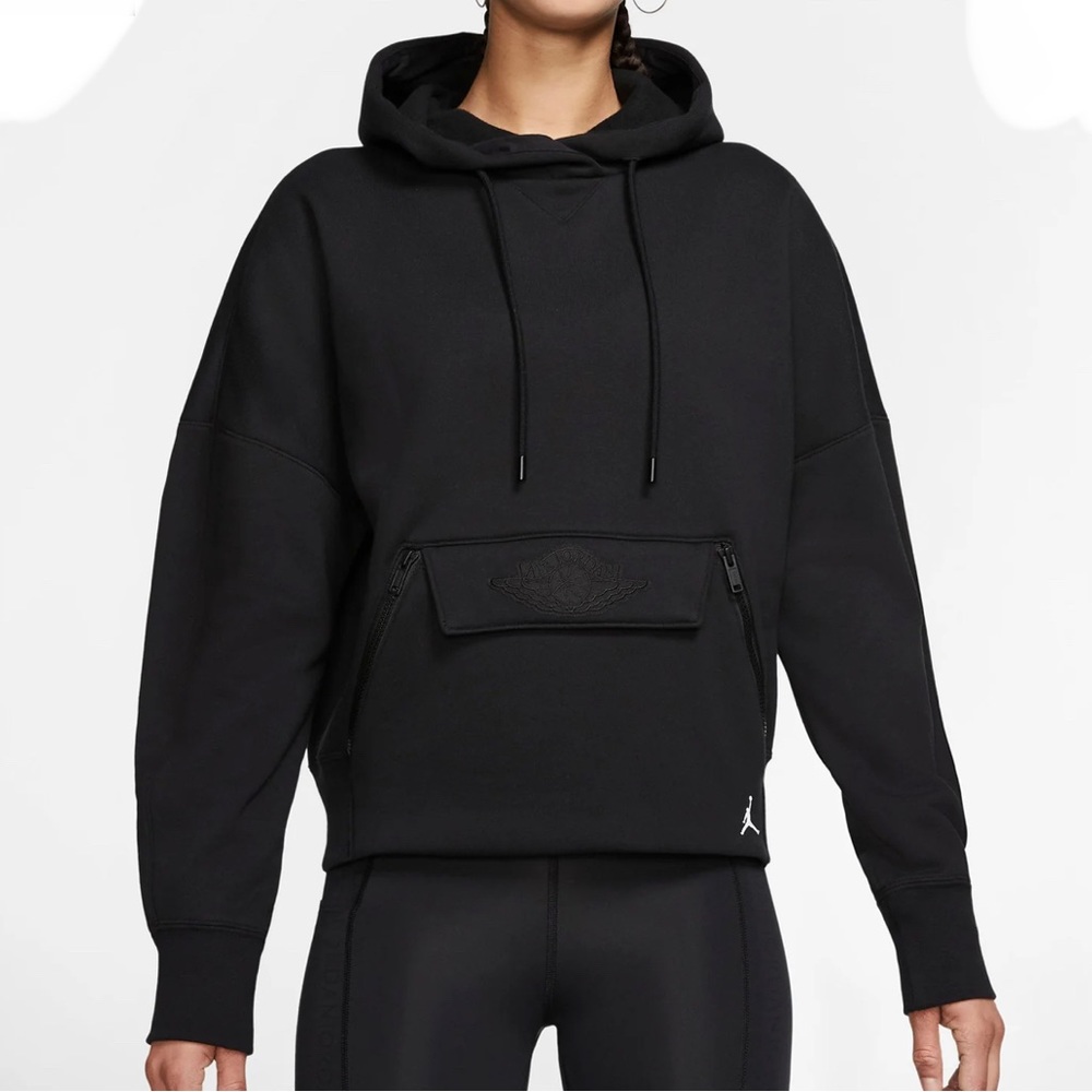 Air Jordan cropped drop shoulder Kangaroo pocket Black Fleece Hoodie size M
